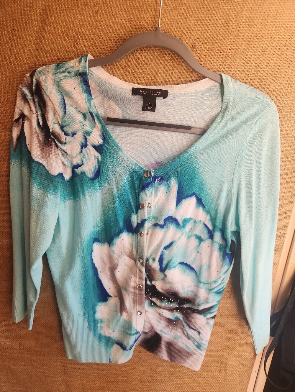White House Black Market Aqua Floral Button-Front Cardigan with Jewel Accents